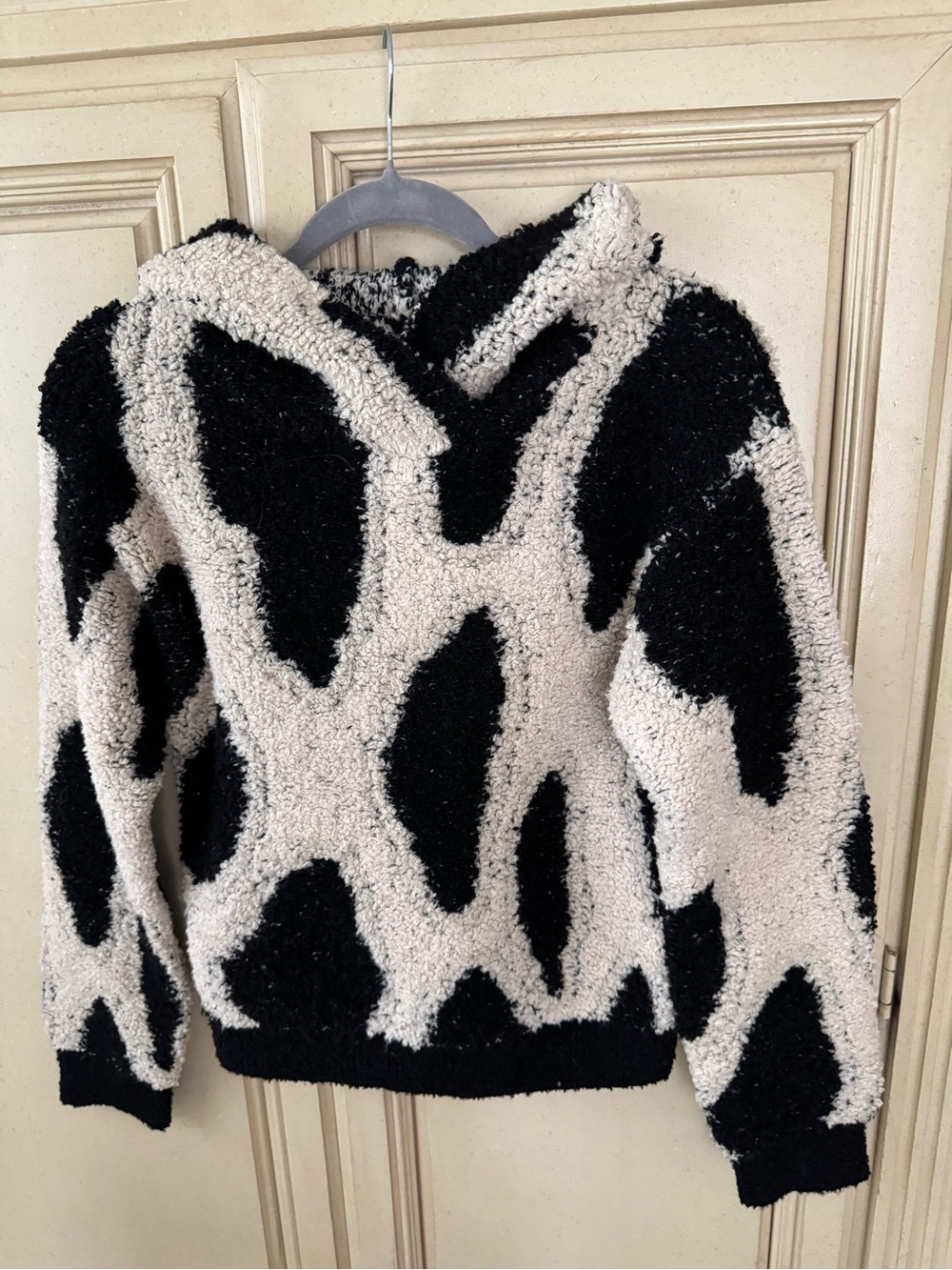 Sandy Liang Black & Cream Patterned Hooded Sherpa Sweater